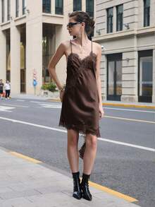 2025 Women's Fashionable New Versatile Sexy Spaghetti Strap Backless V-Neck Slit Satin & Lace Asymmetric Hem Dress, Autumn/Winter - Coffee Brown - View 4