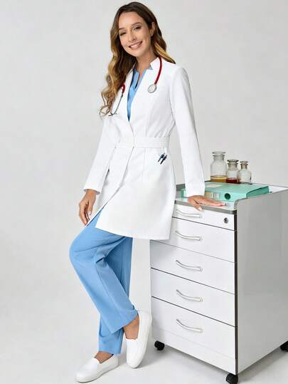 cimmuovere Bata de manga larga con cuello vuelto y múltiples bolsillos para mujeres, uniforme de enfermera, ropa de trabajo, dentista, atención médica, veterinaria, laboratorio, color blanco