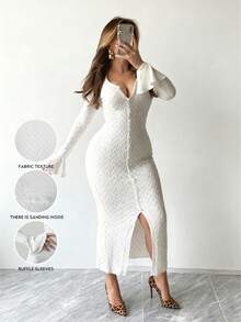 Plus Size Women's Fashion Jacquard Plaid Maxi Dress, Fitted Silhouette, Front Slit Button, Long Sleeve, Elegant Suitable For Spring, Autumn & Winter - White - View 1