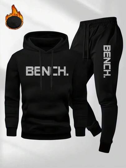 2pcs/Set Men's Casual Cartoon BENCH Letter Drawstring Pocket Hoodie And Drawstring Sports Pants Set Black Spring