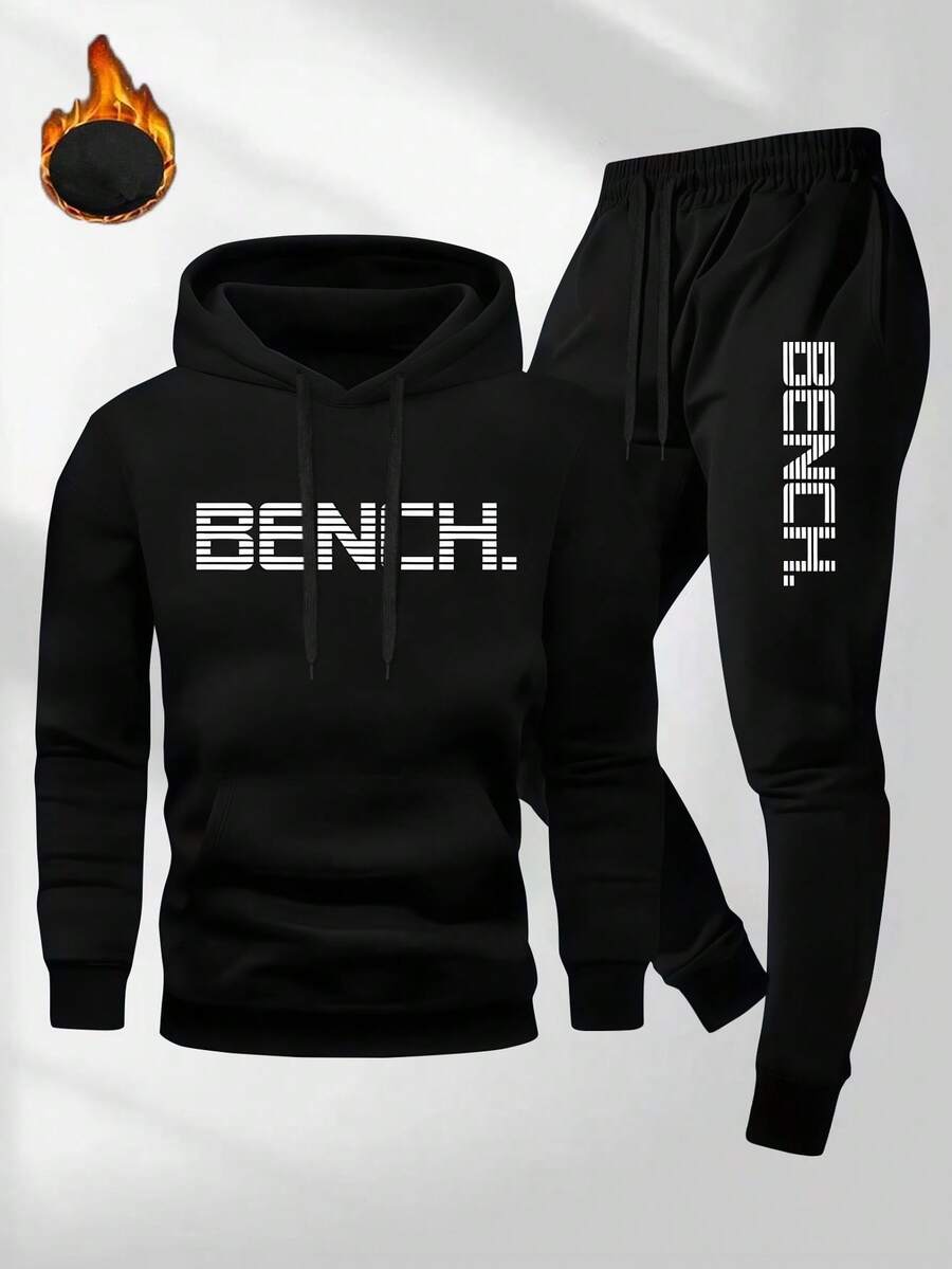 Bộ 2 món đồ nam phong cách thường ngày, áo hoodie và quần thể thao dây rút có chữ BENCH hoạt hình, màu đen, thích hợp cho mùa xuân. - màu đen - Xem 1