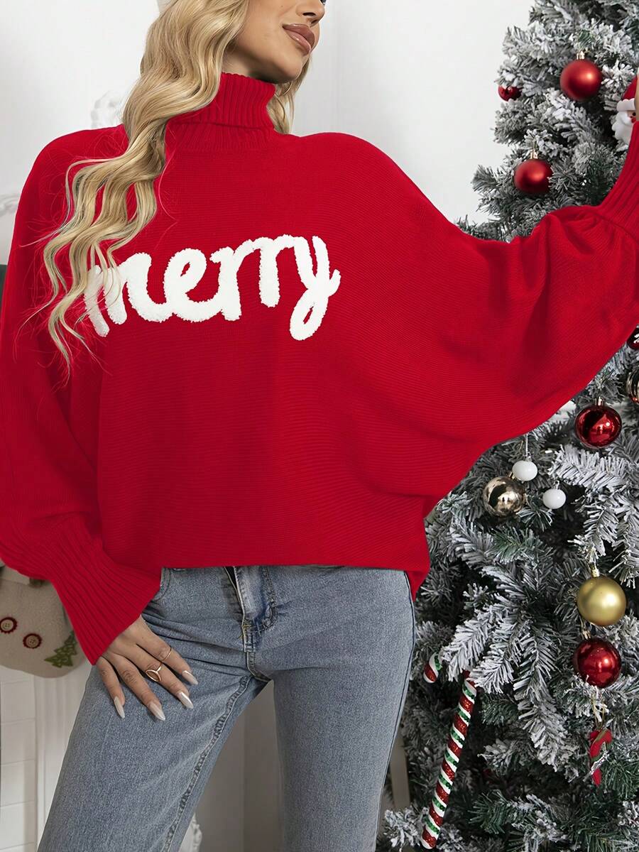 Christmas, New Year's New Year's Eve  Autumn And Winter High Collar Loose Casual Bat Ruffle Sleeve Letter Print Rib-Knit Sweater Women's Daily Top - 紅色 - 查看 1