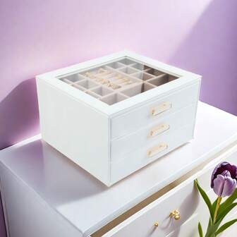 Jewelry Box Organizer With Glass Lid, 3-Layer Jewelry Storage, With 3 Drawers, Modern Style, Christmas Gift