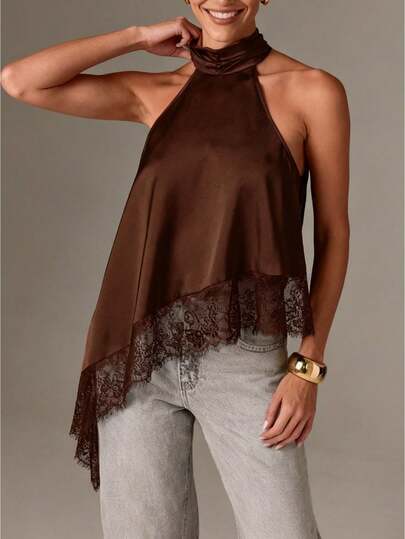 Women Satin Halter Top- High Neck Sleeveless Blouse With Lace Trim Asymmetrical Hem Elegant Party Shirt