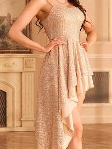 yanchunxier 女式可调节细肩带不对称亮片迷你连衣裙，适合节日、派对、婚礼、秋季服装、返校节、约会之夜 - 香檳色 - 查看 8