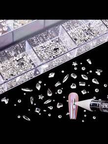 21-Frame Manicure Flat Rhinestone Set, 2500 Round Diamonds And 600 Flat Special-Shaped Diamonds, Multi-Shaped Rhinestone Rhinestone Set Box With Diamond-Stick Pen, Suitable For Nail DIY Decoration - Champagne - View 4