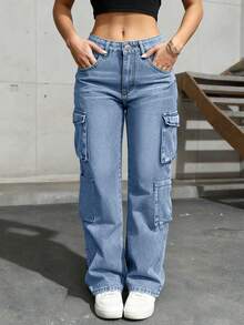 Quần jeans nữ ống đứng dài kiểu cargo có túi, thích hợp mặc thường ngày. - Rửa trung bình - Xem 1