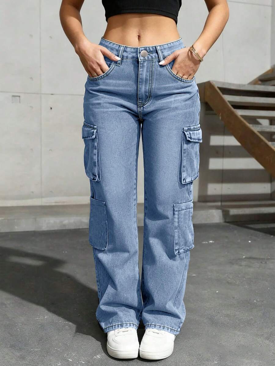 Quần jeans nữ ống đứng dài kiểu cargo có túi, thích hợp mặc thường ngày. - Rửa trung bình - Xem 1