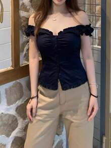 Women's Button Down Lace Top V Neck Ruffled Sexy Low Cut Babydoll Top Cute Slim Fit Casual Work Blouse - 藏青色 - 查看 3