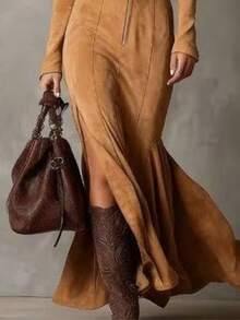 Women'S Elegant Full-Zip Collared  Dress - European & American Style Fall Winter Warmth, Round Neck Long Sleeve Full-Length Zipper Front, Solid Brown/Navy, Tailored Fit For Casual To Formal Events, Office & Party Outfits - Versatile All-Season,Ideal Gifts For Halloween And Christmas - Màu Khaki - Xem 4