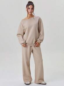 Women's Basic Solid Color Sloping Shoulder Long Sleeve Top & Wide Leg Trousers Co-Ord - Taupe - View 3