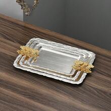 Khay kim loại bạc, Đĩa đựng đồ ăn hình chữ nhật có tay cầm hình bướm phong cách cổ điển, Đồ trang trí tiệc và đĩa đựng, Bộ đồ ăn cho lễ cầu nguyện, Khay đựng mỹ phẩm và trang sức, Có 3 kích cỡ - Bạc - Xem 7