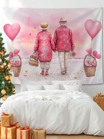 1pc Valentine's Day Couple Heart Shaped Balloon Decor Hanging Tapestry For Living Room, Kitchen, Bedroom, Background