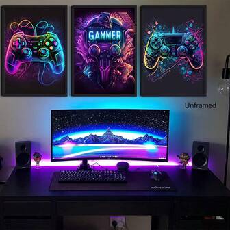 3幅酷炫游戏主题墙画，游戏水彩海报，彩色霓虹游戏手柄帆布画，适合男孩房、儿童游戏室、卧室等，男孩家居装饰，无框