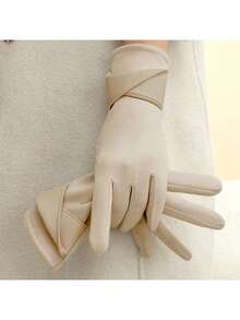 1 Double Women's Elegant Touch Screen Gloves, Warm In Winter, Thermal Lined, Elastic, Solid Color, Bow Design, Breathable Weave, Suitable For Leisure Outing, Cycling, Driving