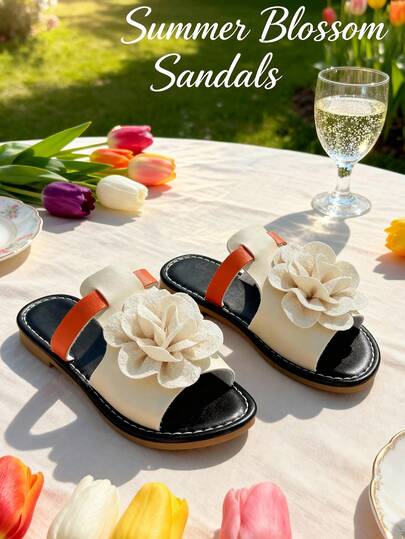 1 Pair Fashion Children Slippers, Girls Sandals, Girls Slippers, Flower Decor, Stylish & Comfortable, Suitable For Daily Wear, Vacation, Gathering, Travel