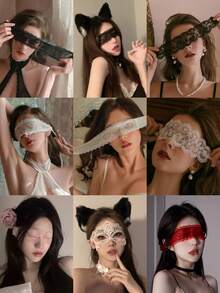 1 件纯色蕾丝花朵化妆舞会眼罩，弹性头带，柔软内层，蕾丝装饰面罩，情侣角色扮演套装，适合浪漫之夜、性感派对 - 彩色 - 查看 2