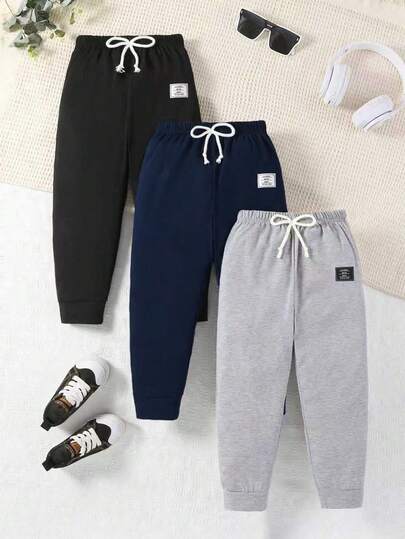 3 st höstsportbyxor för småbarn med broderad lappdekor