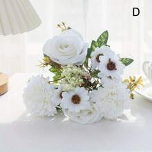 秋季人造牡丹花丝绣球玫瑰花束，人造花卉新娘捧花装饰家居装饰配件情人节花瓶婚礼花束花园玫瑰拱门客厅装饰新年装饰观赏花盆，DIY婚礼捧花，派对餐桌装饰 - 亮橙色 - 查看 7