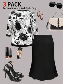 Damen Große Größen Set aus Blumen-Cardigan und schwarzem Rock, elegantes Outfit mit Rundhalsausschnitt, normale Ärmel, mittlere Stretchqualität, Knopfdetails - Schwarz - Übersicht 4