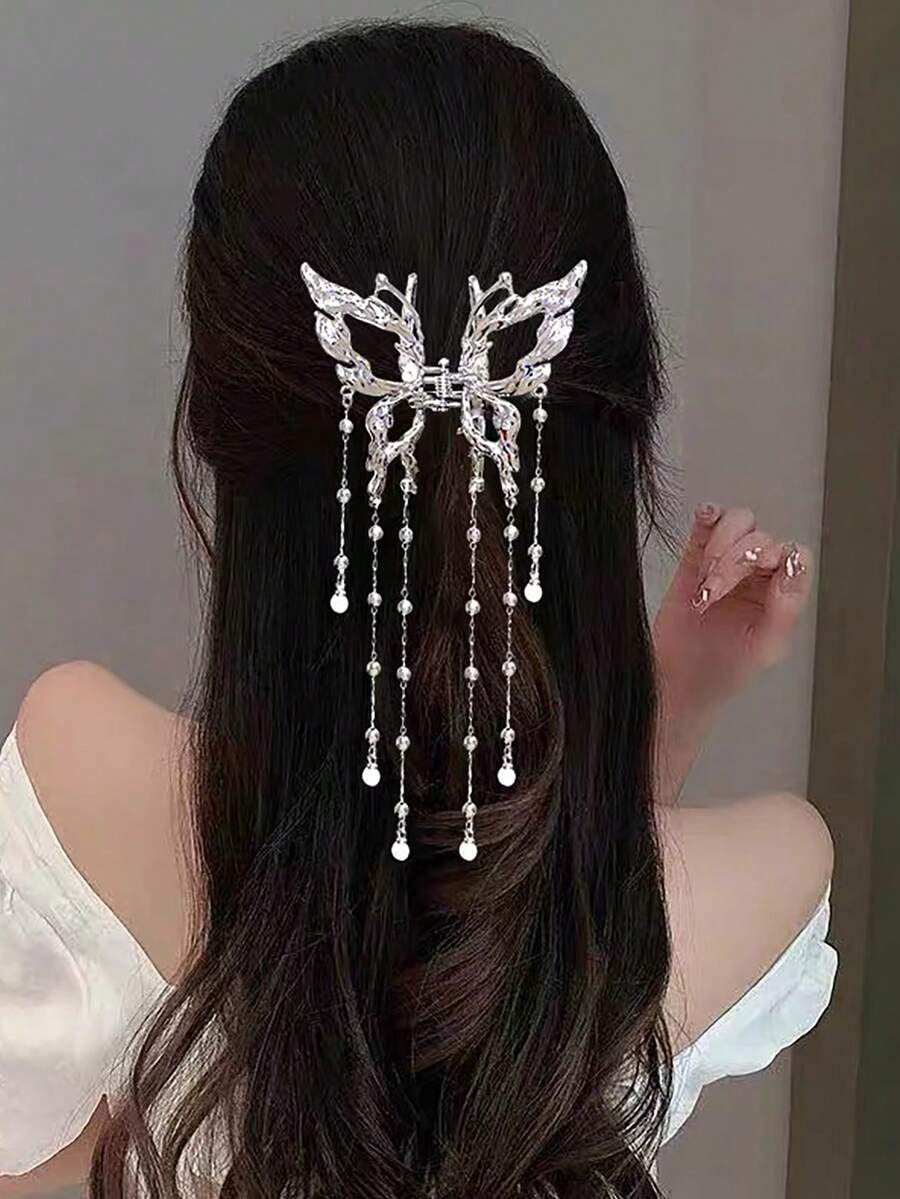 1pc Solid Color Rhinestone Butterfly Metal Hair Clip, Elegant Chinese Style Tassel Small Hair Claw Accessory, Fashion Hair Clip For Daily Casual And Party, Spring/Summer - Silver - View 1