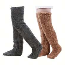 两双毛绒过膝袜，男女通用，保暖柔软，秋冬季大腿袜