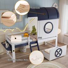 Letto a castello, letto a soppalco, letto per bambini con tetto e finestra, cassetto inferiore con rotelle, pratica scaletta inclinata a due gradini, pino + MDF + compensato, bianco + blu scuro, 90 x 200 cm - Bianco + Blu scuro - Visualizzare 6