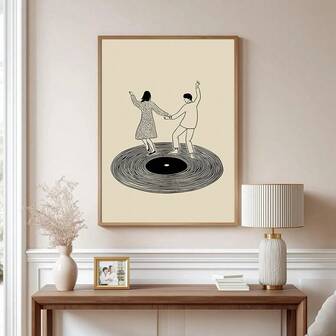 1pc Framed/Unframed Vintage Gramophone Couple Dancing Canvas Poster, Music Theme Bar Wall Art Print, Minimalist Aesthetic Decor Painting, Retro Style, Suitable For Music Lovers, Dorm, Living Room, Bedroom, Modern Home Decor