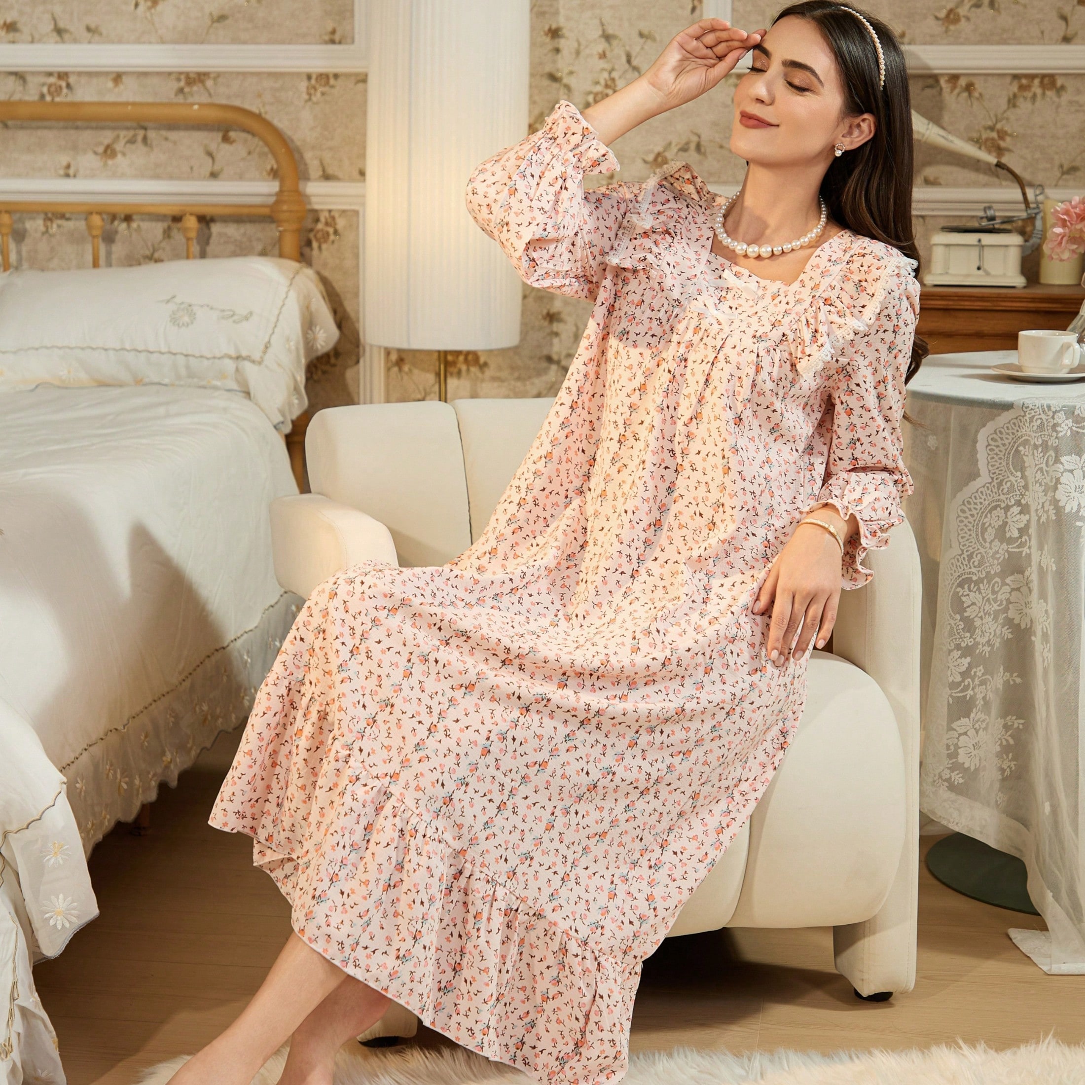 RS Pajama1 Camisón de cuello cuadrado con lazo, manga larga, encaje de contraste, estampado floral romántico (Mujeres)