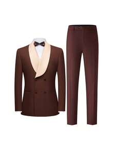 Men's 2-Piece Shawl Collar Suit - Double-Breasted Stretch For Wedding Business - Màu nâu Sô-cô-la - Xem 7