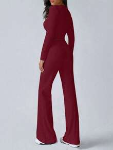 Women's Fashionable Belly-Baring Long-Sleeved Top, Slim-Fitting Lace-Up Flared Pants Sports Suit