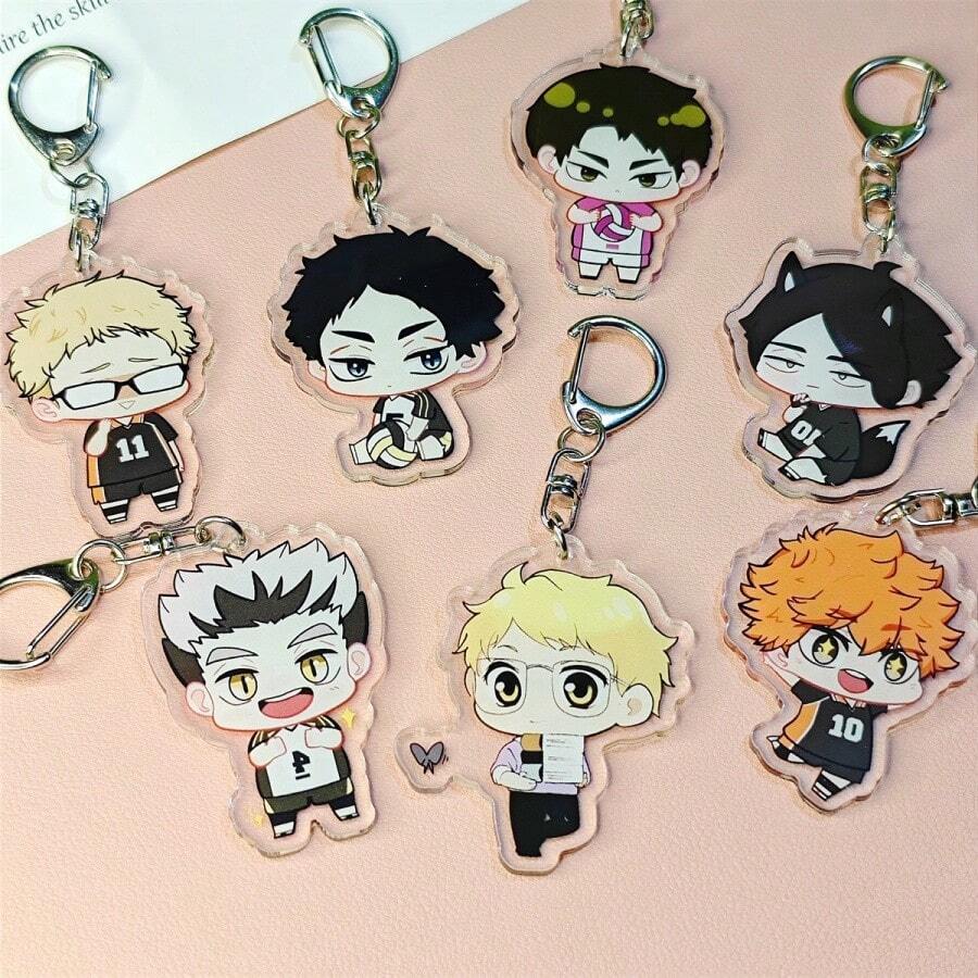 BOOMCOMIC 1个/4个可爱排球人物亚克力钥匙扣 - 日向翔阳、影山飞雄、月岛萤、山口忠，男女通用背包挂件，适用于背包、钥匙、汽车装饰、粉丝礼物，Y2K时尚，耐用轻便，色彩鲜艳，双面印刷，高清材质，创意配饰 - 彩色 - 查看 1