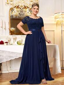 Đầm maxi cỡ lớn cổ chữ V ren hoa phối bèo nhún bằng chiffon, thanh lịch cho các dịp trang trọng như dạ hội, vũ hội, tiệc cưới, tiệc mùa xuân. - Màu xanh hải quân - Xem 6