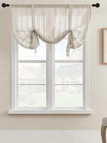 ستارة كتان مخططة بيج بتصميم رومانسي شفاف جزئيًا لنوافذ المطبخ والحمام الصغيرة قطعة واحدة