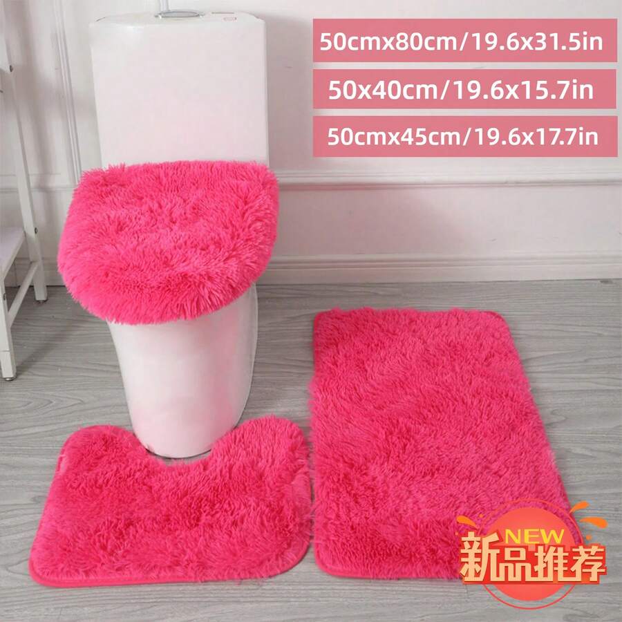 3pcs Bathroom Carpet, Plush Fluffy Super Absorbent Bath Mat, Machine Washable Carpet For Tub, Toilet Floor, Shower Room, Laundry, And Indoor Areas, Christmas Decorations For Home - Màu Hồng Tươi - Xem 1