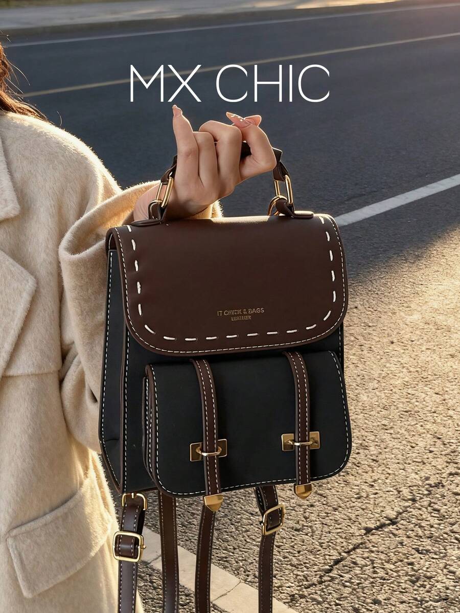 轻便、便携式复古拼色小背包/单肩包，适合女士，适合大学生的学校背包，非常适合大学、商务、工作、通勤、返校、书包、便携式、笔记本电脑隔层、大容量，适合少女、女大学生、大学、初中、高中、户外、旅行、郊游、小学、办公室 - 黑色 - 查看 1