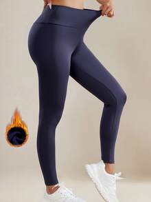 High Waist Butt Lifting Yoga Pants With Thermal Lining, Tummy Control, Squat Proof Workout Leggings, Solid Color - Navy Blue - View 5