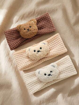 3pcs Newborn Baby Girl Plush Bear Headband, Super Soft Waffle Knit Non-Marking, Boho Neutral Color Capsule Wardrobe, Essential For 100 Days Photography & Daily Bathing