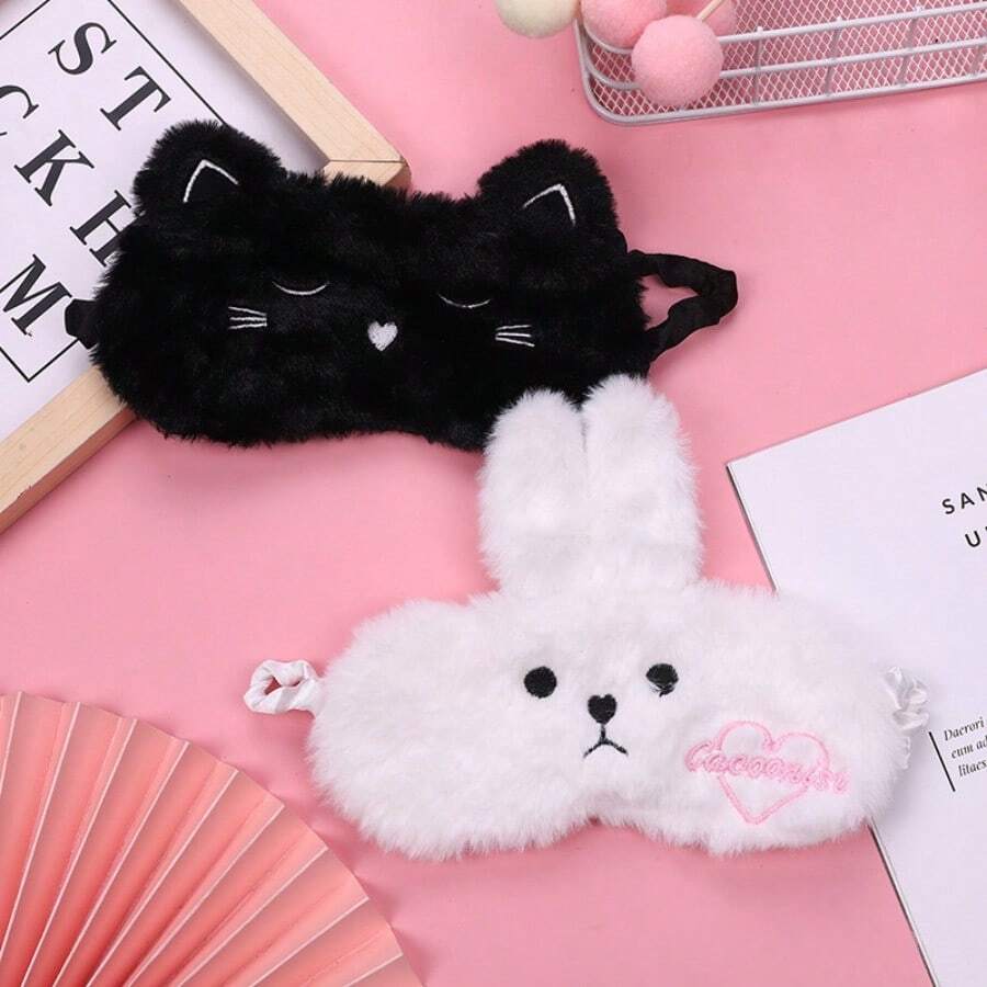 1/2pcsAdorable 3D Cat Plush Sleep Mask, Unisex - Couple's Eye Mask. Adjustable, Soft Polyester Fiber Eye Mask With Elastic Straps, Suitable For Office Naps, Travel, And Home Use. - Multicolor - View 1