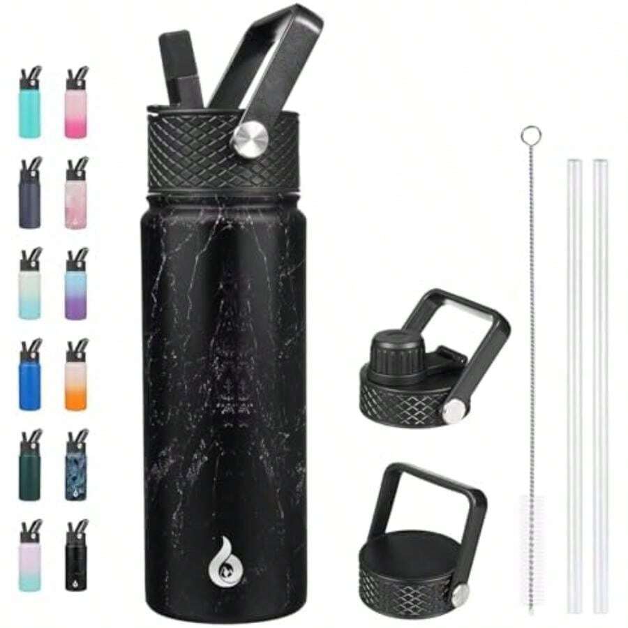 BJPKPK - Botellas de agua aisladas con tapa de popote, botella de agua grande de metal de 32 onzas con 3 tapas, termo reutilizable a prueba de fugas, sin , vasos de acero inoxidable para deportes(0.7 Litros midnight) - Multicolor - Ver 1