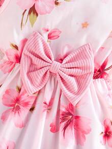 2pcs Girls Spring/Autumn Outfit - Ruffle Trim Jacket Paired With Sleeveless Floral Print Dress With Bow Decor, Elegant Set - Pink - View 9