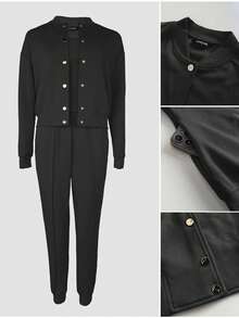 ChicMe 三件套女士运动套装，包括纽扣前襟外套、松紧腰裤和背心，撞色侧条纹设计，时尚街头风，适合派对、约会和其他场合。 - 黑色 - 查看 7