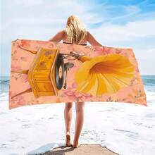 1pc Oversized Microfiber Beach Towel - Vintage Gramophone & Retro 1920s/30s Music Print, Quick-Dry Sand-Large Bath Towel S &, Lightweight Summer Pool, Travel, Camping, Picnic Accessory With Vintage Record Player Design - White - View 9