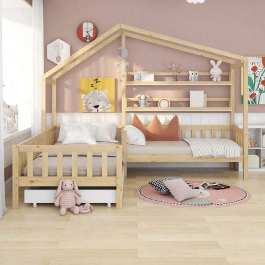 Children's Cabin Bed With Drawers And Shelves, Solid Wood With Guardrail And Slatted Base, L-Shaped Structure, Natural (90x200 Cm+140x70cm) - Brown - View 1