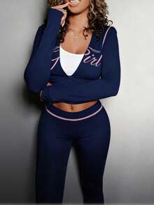 Fall Street Lounge Women's Valentine's Day Printed Zip-Up Jumpsuit Set, Long Sleeve Casual 2-Piece Outfit - Navy Blue - View 1