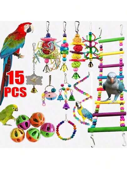 Bộ đồ chơi cho vẹt, bao gồm xích đu, đồ chơi gặm, võng nhỏ cho vẹt, thang, chuông, cành đậu và các phụ kiện khác, màu sắc ngẫu nhiên.
