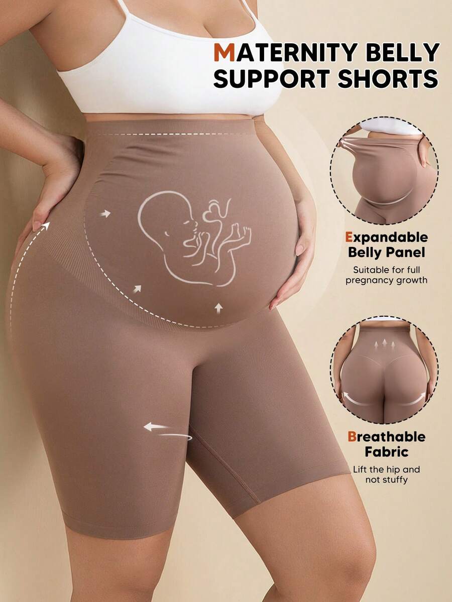 Maternity Soft Elastic Waist Comfortable Belly Support Shorts - Khaki - View 1