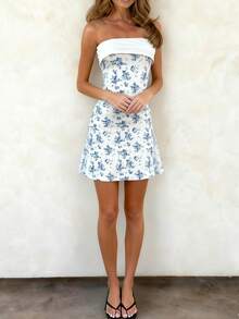 Kami Co. Party elegantes französisches blaues Blumen-trägerloses figurbetontes Minikleid, geeignet für Date Night und Homecoming Dance, Top - Babyblau - Übersicht 7