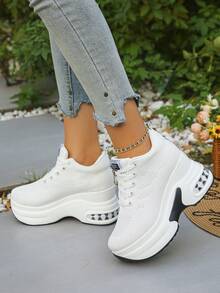 Women's Comfortable Breathable Fabric Casual Preppy Lace-Up Platform Sneakers, Suitable For Outdoor, Gym, All Seasons - White - View 6