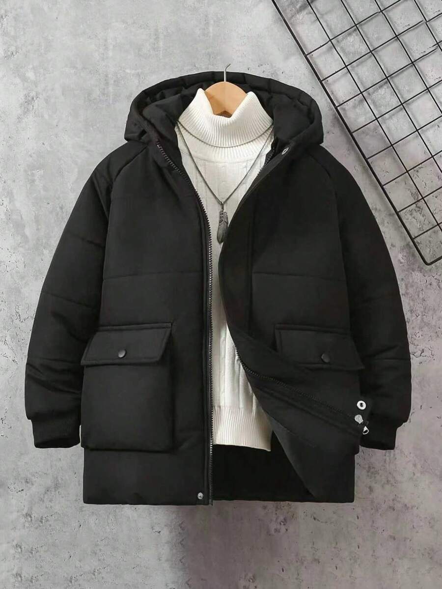 男童休闲户外简约纯色羽绒服，带口袋，秋冬季 - 黑色 - 查看 1
